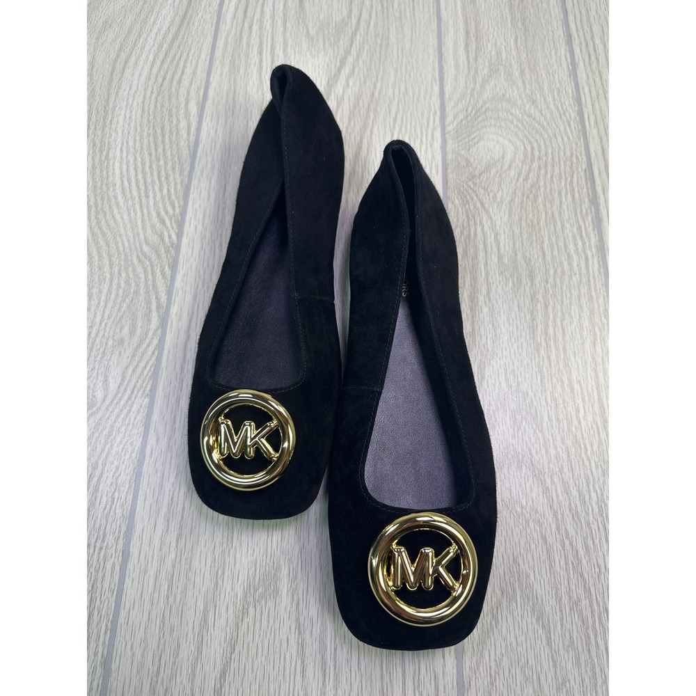 Michael Michael Kors Milan Leather Flex Ballet Flat Black Suede Gold Logo 8.5